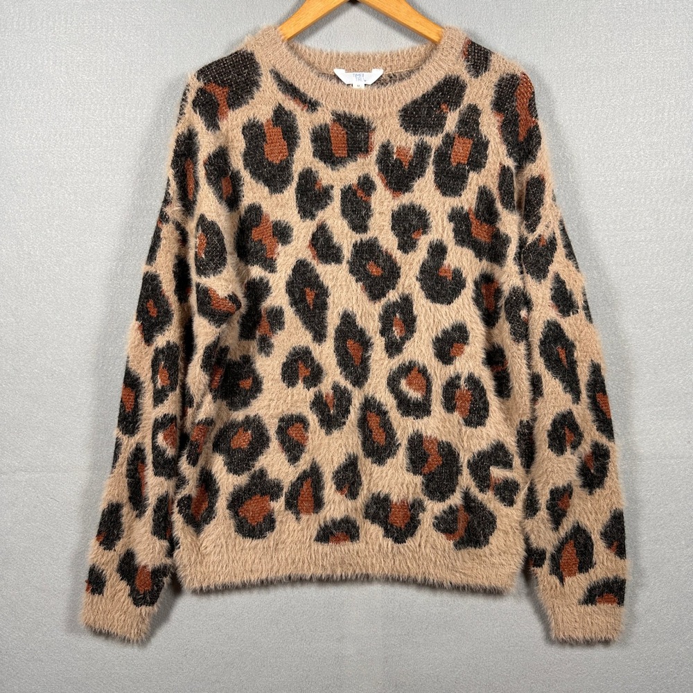 Time and Tru Womens Leopard Print Eyelash Knit Fuzzy Sweater Tan Black Brown M